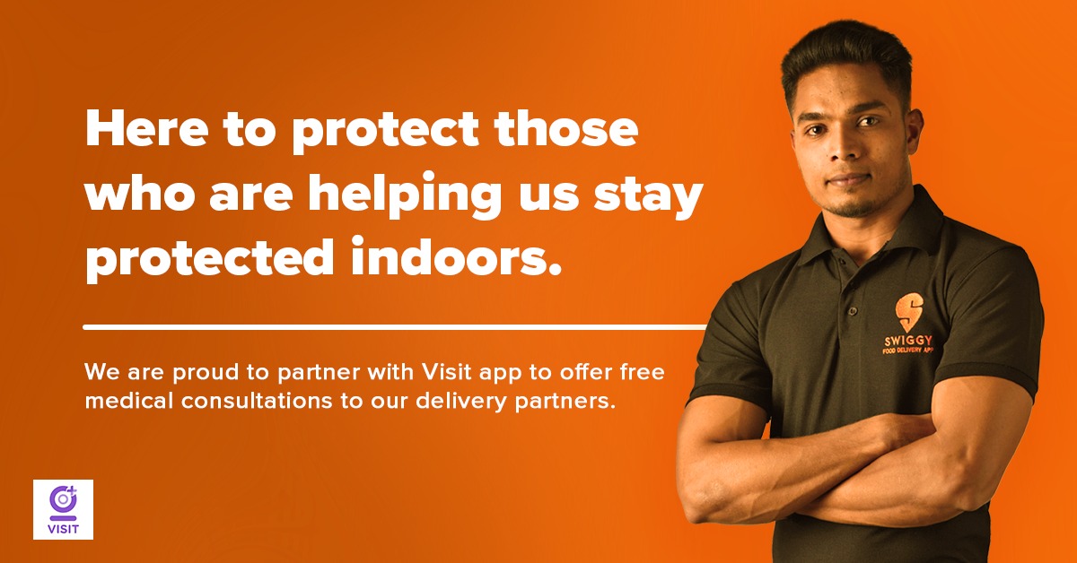 Swiggy's tweet image. 2/2:In times like these, our delivery partners are no longer just delivering convenience; they’re delivering a lifeline to the nation.

To thank them for their service &amp;amp; keep them protected, we&apos;re partnering with Visit App to offer free medical consultation to all Hunger Saviors.
