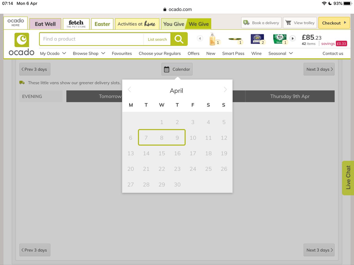 Yuko2bo's tweet photo. @Ocado I received an email on Sat, which advices that we should start checking for available slots from Monday onwards and we’d be able to see slot availability 7 days ahead of time.’
Just logged in but can only see availability for next three days.  When will this be updated? https://t.co/pdY2MavM3n
