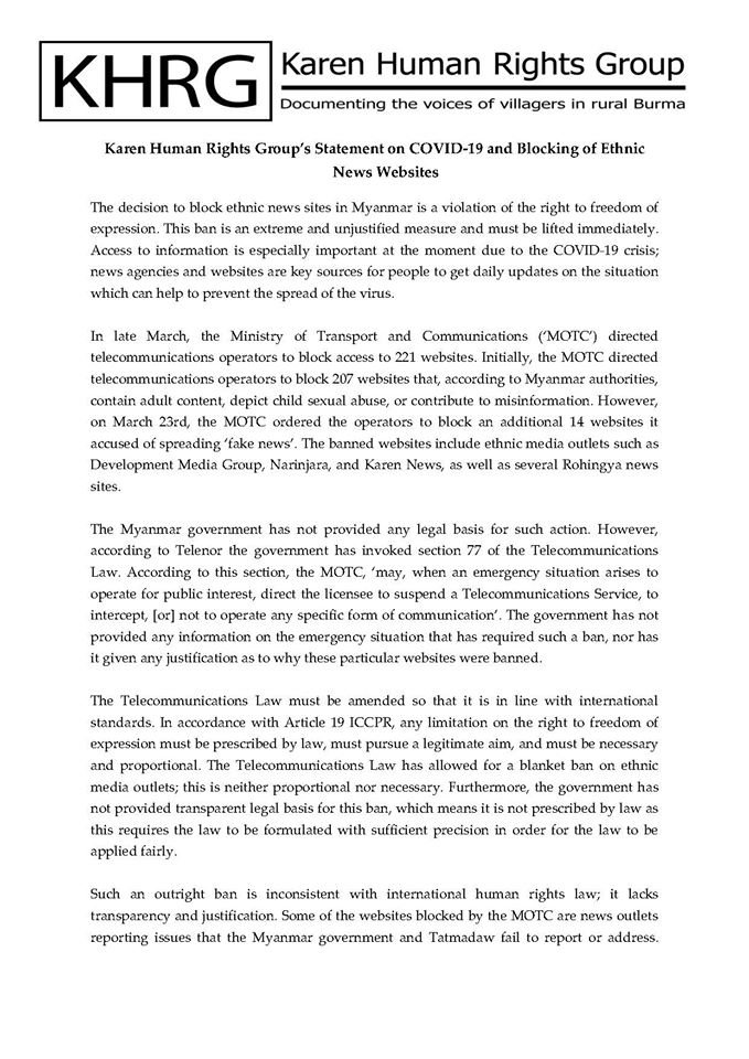 khrg's tweet photo. Karen Human Rights Group’s Statement on COVID-19 and Blocking of Ethnic News Websites. #KHRG https://t.co/mVjDOfGMD1