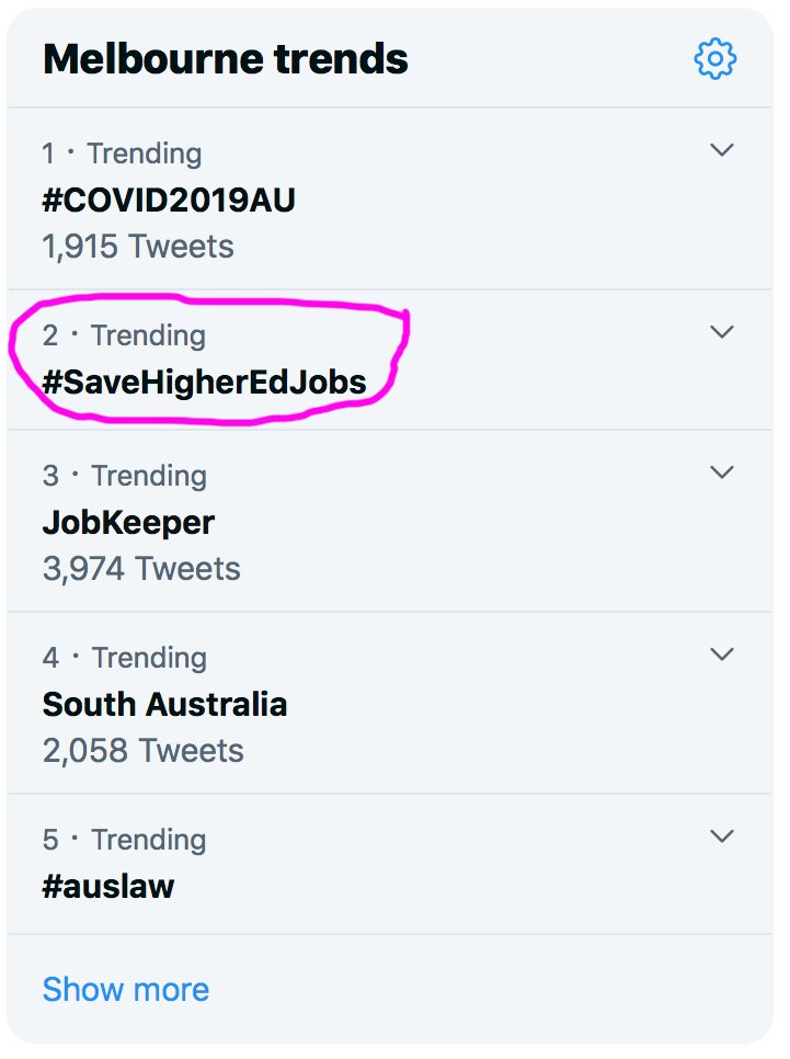 NTEUVictoria's tweet photo. Can we make it to No. 1? 

Go Victorian NTEU members!

Save Higher Ed Jobs!
#Stimulus4HigherEd
#SaveHigherEdJobs
#CovidCampus
#NoWorkerLeftBehind
#NTEU #DefendingHigherEd https://t.co/pzxTKYifAT