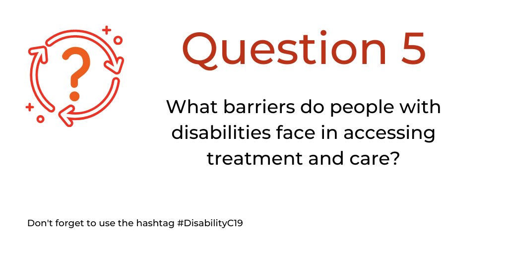 ARISEHub's tweet photo. We're about half way through the Twitter Chat now!

Q5: What barriers do people with disabilities face in accessing treatment and care?

Reply to the tweet or just send a tweet but remember to include #DisabilityC19 and A5 https://t.co/dJdlhRYo45