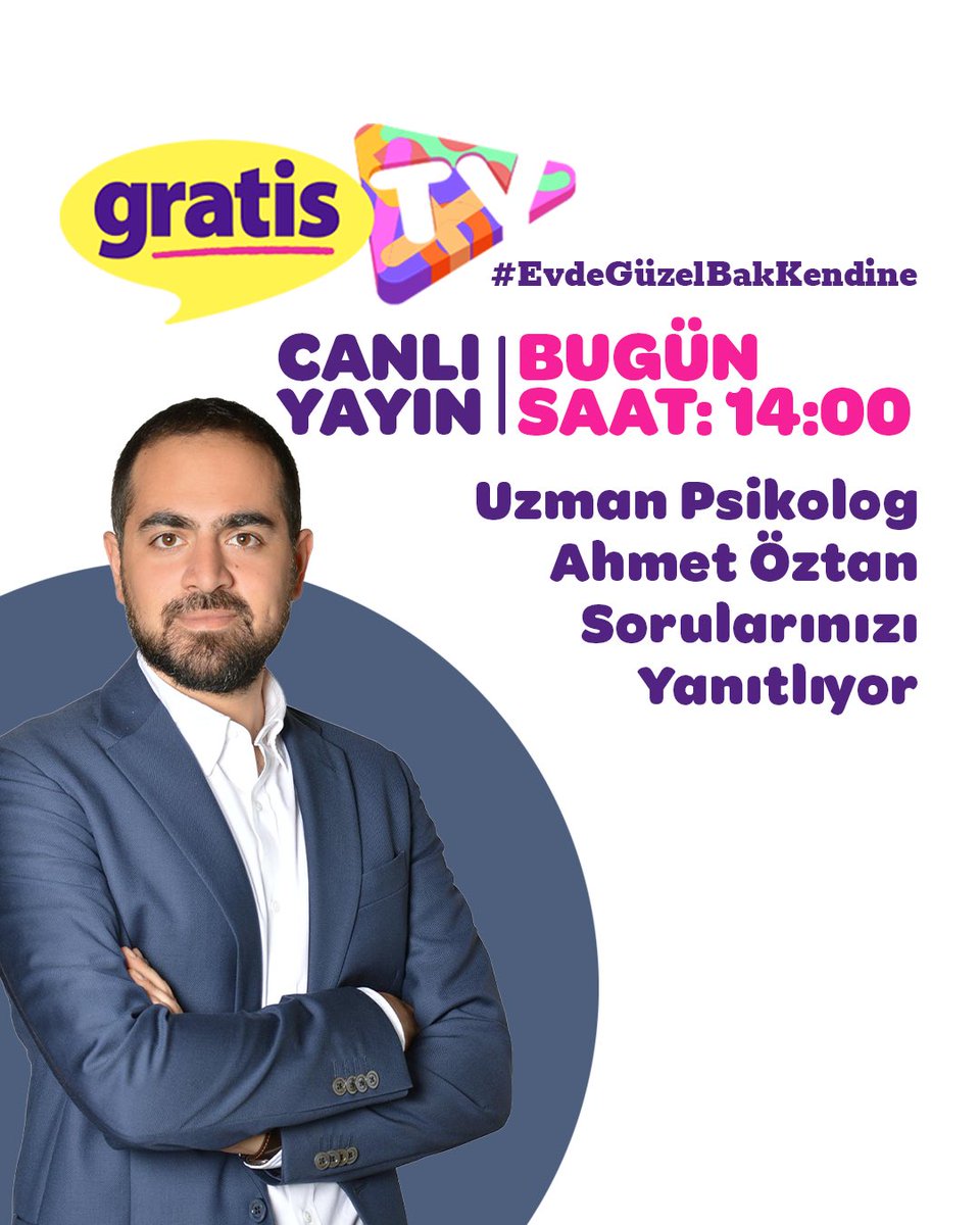 GratisTr's tweet photo. Uzman Psikolog Ahmet Öztan, kendinizi daha iyi hissetmenizi sağlayacak tavsiyelerde bulunarak sizleri bilgilendirmek ve sorularınızı yanıtlamak için saat 14.00'de Gratis TV’de CANLI YAYINDA olacak! #EvdeGüzelBakKendine #GratisTV https://t.co/pHw5dckcaE