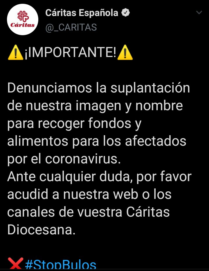 guardiacivil's tweet photo. El #ciberdelincuente aprovecha el #COVID19 para hacer campañas de donaciones que suplantan a organizaciones benéficas como @_CARITAS

#NoPiques con mensajes reenviados por whatsapp y similares. No dones sin confirmar el cauce adecuado con la organización benéfica. 

#StopBulos https://t.co/if6hjsXN2b