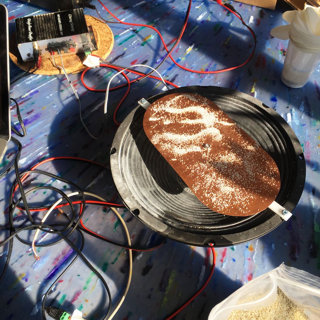 When materials are vibrated at different frequencies, they resonate and create fascinating patterns. These patterns were discovered by German physicist E. Chladni in 1787 long before the invention of the speaker. We are using this technique to create patterns for a new collection