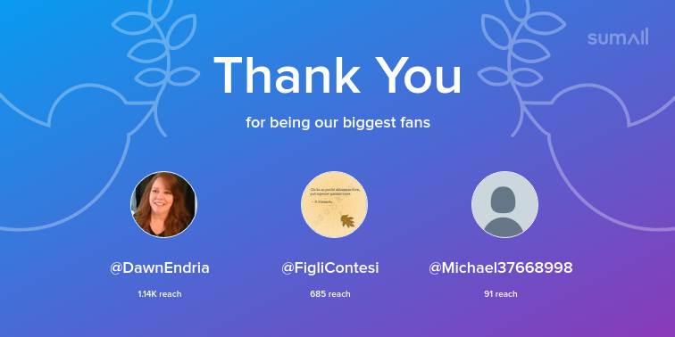 Our biggest fans this week: DawnEndria, FigliContesi, Michael37668998. Thank you! via sumall.com/thankyou?utm_s…