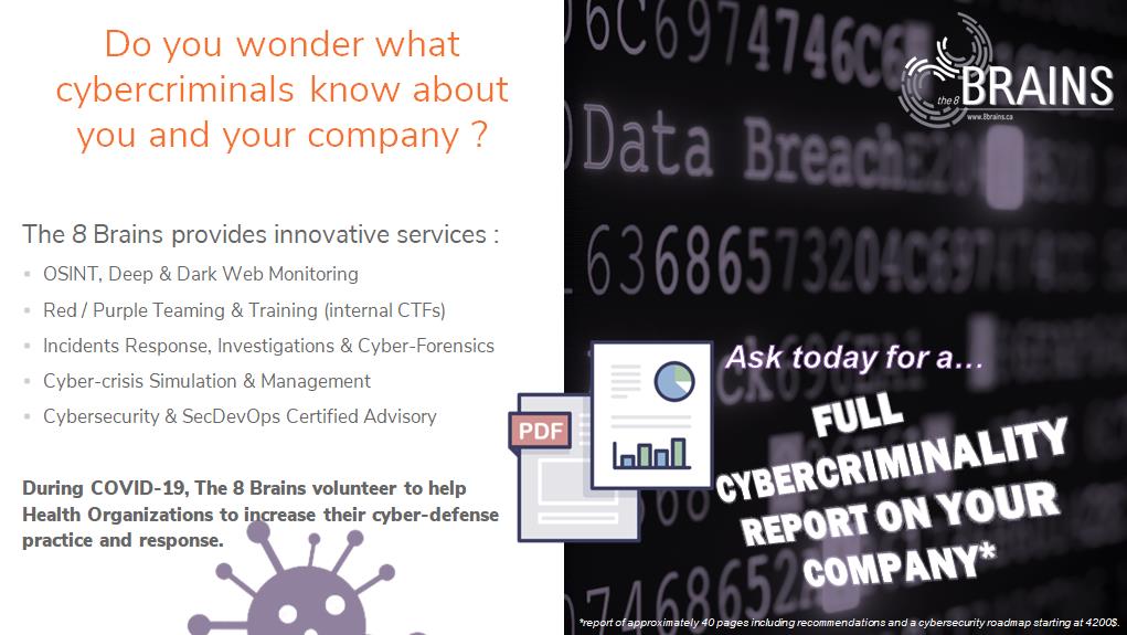 the8brains's tweet photo. Nous sommes très heureux de vous présenter les services de cyber défense The 8Brains. Nos experts certifiés sont là pour vous donner la compréhension et la surveillance des cybermenaces. https://t.co/JfwWogqtKD #cybersecurite #cybersecurity #quebec #Montreal #Canada https://t.co/pVA8FFS5IJ