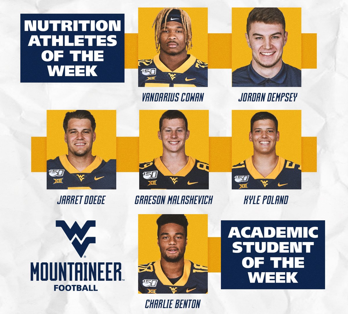 WVUfootball's tweet photo. Always accountable. Introducing our nutrition athletes of the week and academic student of the week!

#TrustTheClimb https://t.co/Uddt6AOu7f
