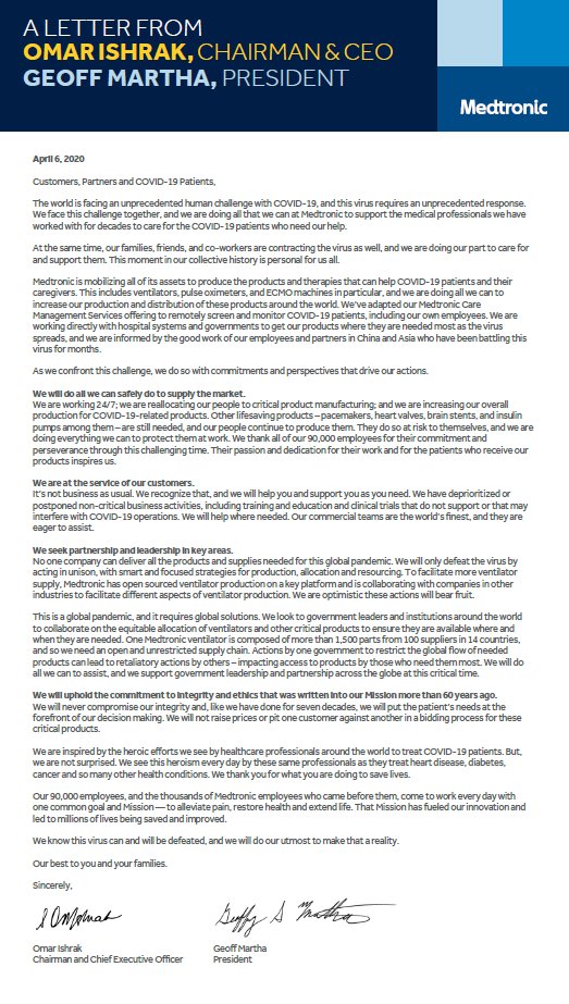 Medtronic's tweet photo. Read our open letter to customers, partners, &amp; patients: We face this challenge together. We are doing all we can during #COVID19 to support the medical professionals we have worked with for decades. https://t.co/qX1tNTMP5H https://t.co/dpOg2ROUOr