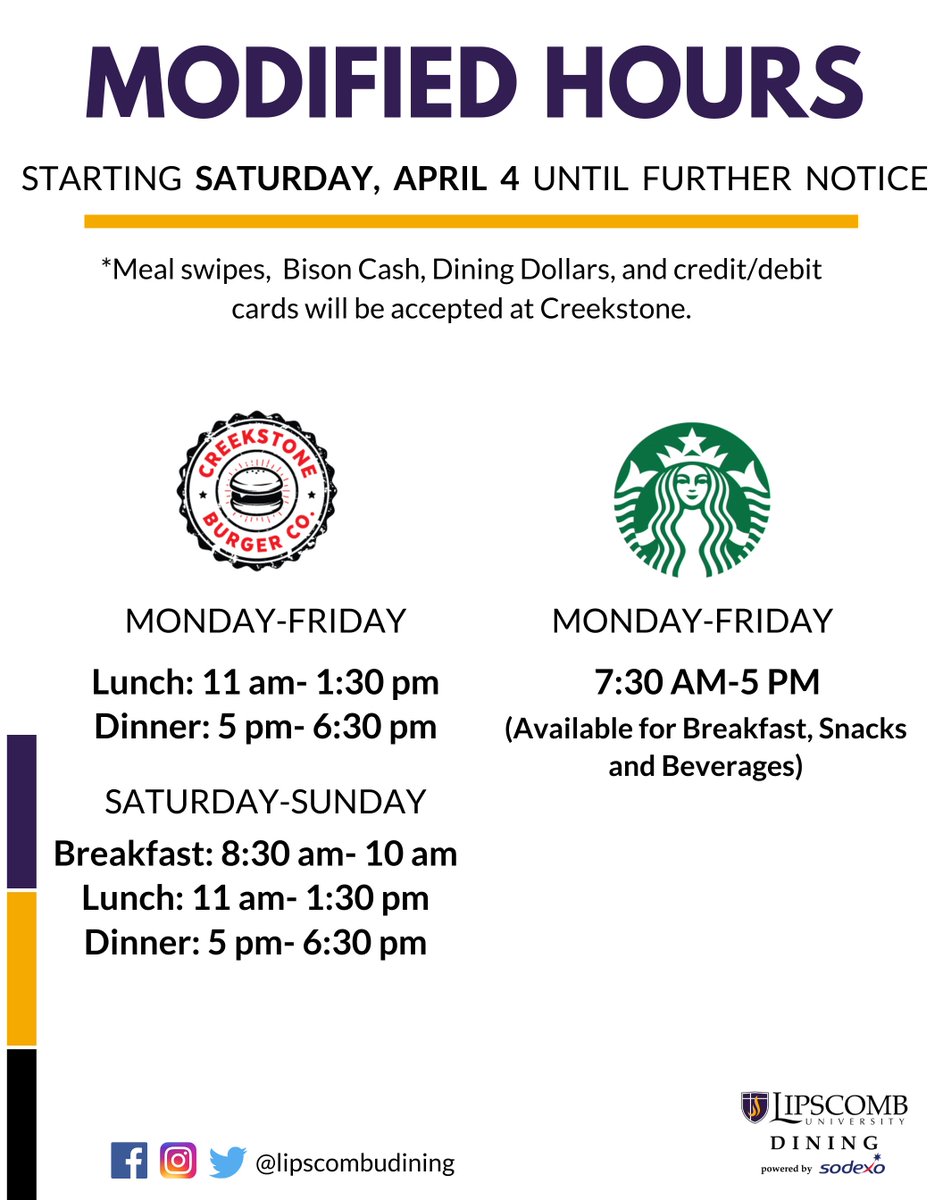 LipscombUDining's tweet photo. Take a look at Creekstone Special's for today and stay up-to-date on our hours of operation! #lipscombdining https://t.co/0pH4Rvwd4s