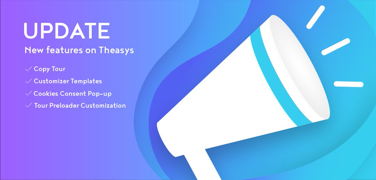 theasys_io's tweet photo. 🔥 NEW: We're excited to launch cool new features on Theasys!

The list of new features include:
✅ Copy Tour
✅ Customizer Templates
✅ Cookies Consent Pop-up
✅ Tour Preloader Customization.

🚀 Find more info about these features on our blog page here https://t.co/8Cdl3mfvtW https://t.co/N4LkOKvqTH