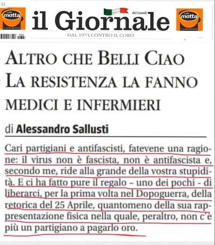 Poveraccio! Usare #COVID19 in questo modo squallido. Non si illuda comunque #Sallusti. Non saremo come sempre in piazza per il 25 aprile, ma lo celebreremo ugualmente e in modo ancora più convinto nei nostri cuori. Del resto lo facciamo ogni giorno. Viva sempre la #Resistenza!