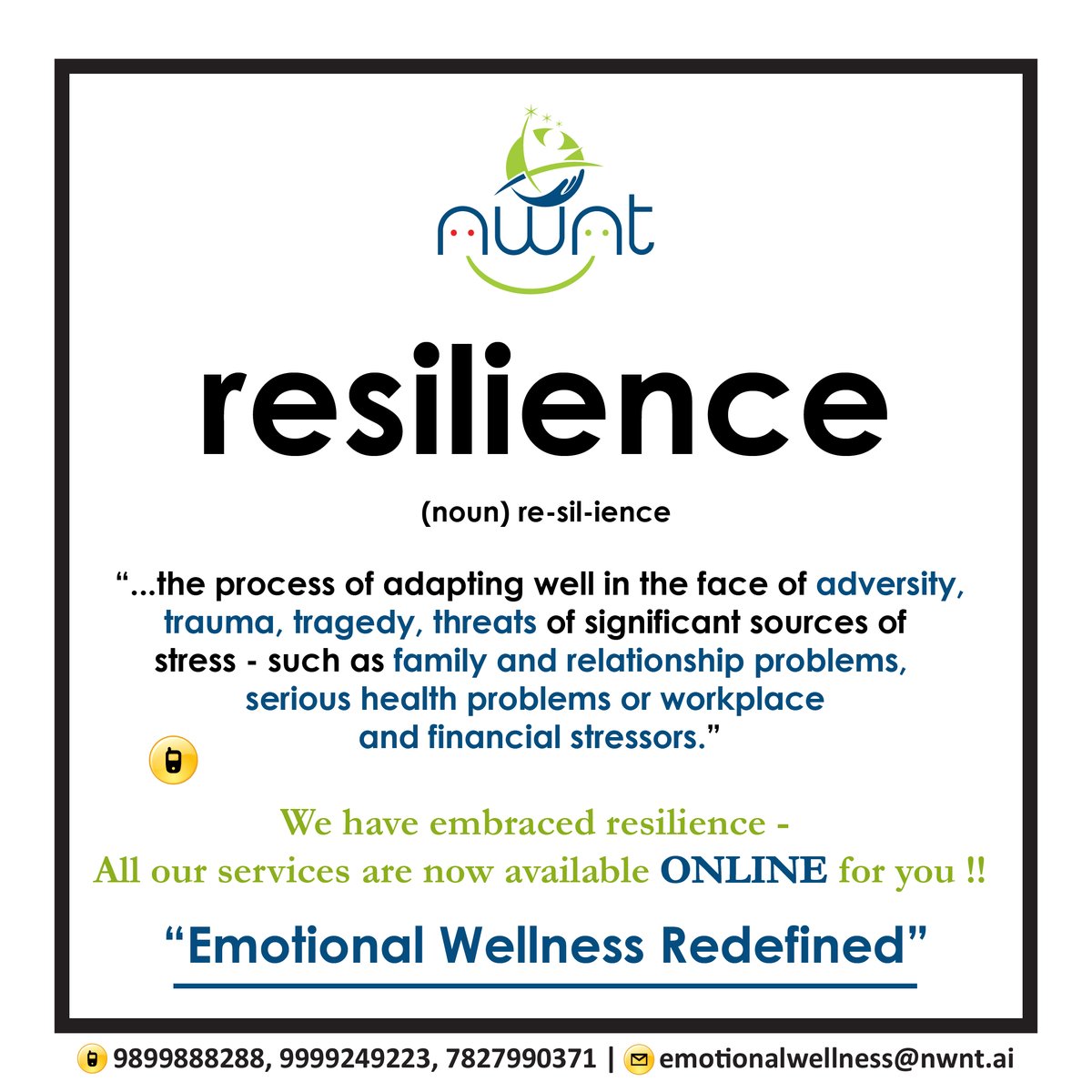 nwntai's tweet photo. We have embraced resilience - All our services are now available ONLINE for you !!
“Emotional Wellness Redefined”
https://t.co/aX0MLgpMQD
Cont: 9899888288, 9999249223, 7827990371 | emotionalwellness@nwnt.ai https://t.co/2RsrvgcHm0