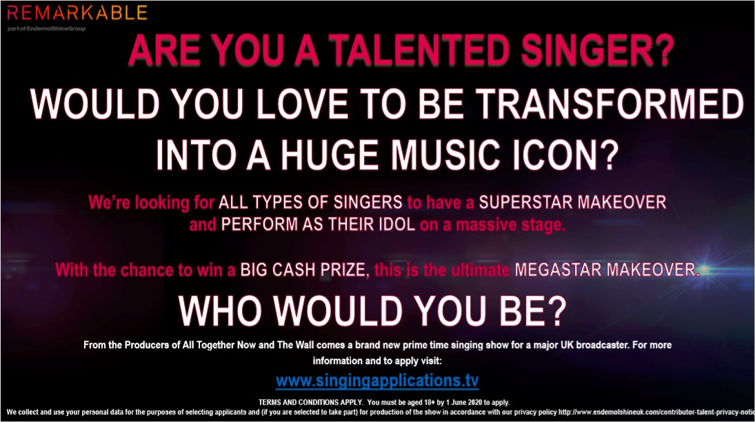 Calling all SINGERS! Is it your dream to perform on stage as your music idol, work with industry professionals and be in a chance to win £££, then we've got the show for you! Apply HERE singingapplications.tv (you must be 18 or over)