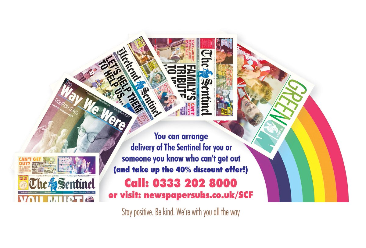 You can arrange delivery of The Sentinel for you or someone you know who can't get out (and take up the 40% discount offer by using the the code SPR20) by calling 0333 202 8000 or visiting: newspapersubs.co.uk/SCF