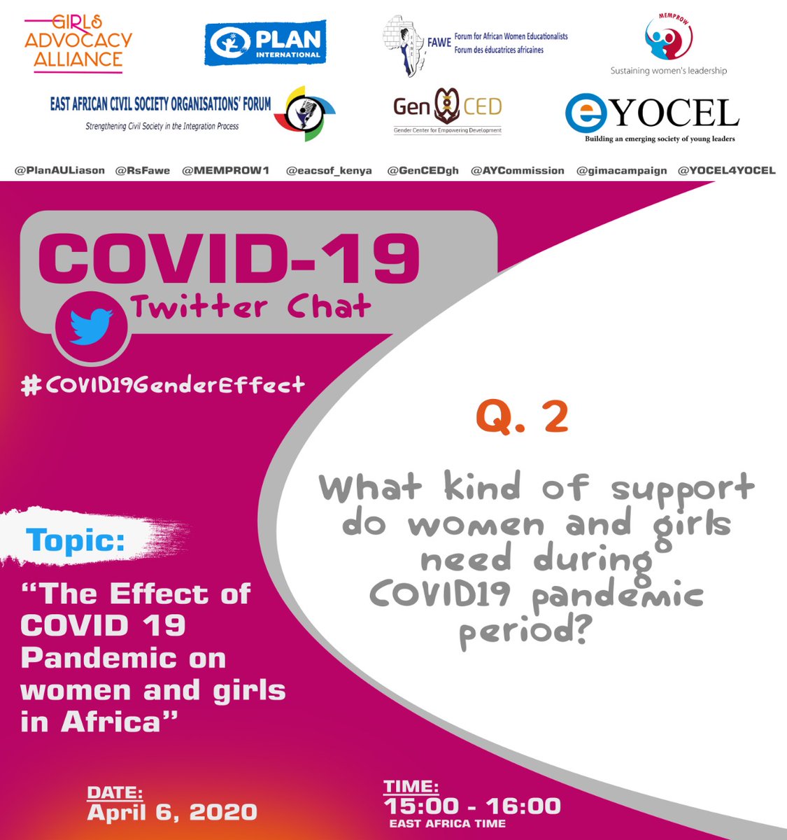 FAWEAfrica's tweet photo. On to question two...remember to use the hashtag #COVID19GenderEffect @vanyaradzayi @MercyJuma_ @snorgah @otieno702003 @MarthaMuhwezi 

@Yocel4Yocel @PlanAULiaison @GenCEDgh @MEMPROW1 @eacsof_kenya https://t.co/dmTgxKLKxl