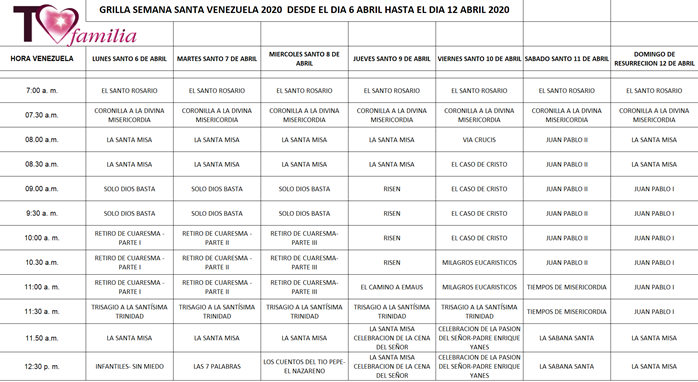 TVFamilia's tweet photo. #VENEZUELA Programación en las MAÑANAS
 #SemanaSantaEnCasaConTVFamilia 

@Pontifex_es @bepocar @ArquiCaracas @CEVmedios  
@aciprensa @AleteiaES @nelsonbocaranda @honeggermolina @Probertosipols   #SemanaSanta #SantaMisa #MisaAlAlba https://t.co/EKcdq34WbT