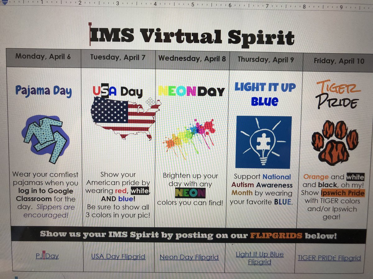 IMS_Fitzgerald's tweet photo. Happy Monday everyone! This week is Virtual Spirit Week at IMS! We may not be allowed in the school building but we can stay connected! https://t.co/I4LtinPPUd