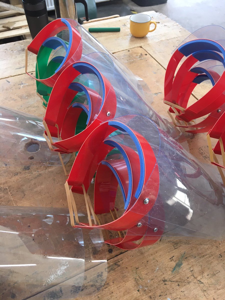 Mr Whiteley, Ms Pearson and Mr Russell have made their first 40 Face Shields for the NHS Nightingale this morning.#StayHomeSaveLives