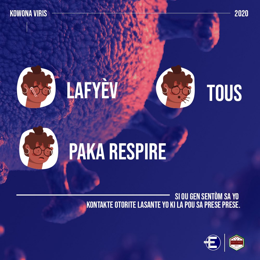 ephatamedic's tweet photo. KOWONAVIRIS PA YON JWÈT SE BARE POU NOU BARE L

Men ki divès kalite sentòm nouvo maladi kowonaviris la (COVID-19) lè w genyen l:

- Li baw lafyèv
- Li fè w touse sèk de tanzantan
- Li fèw paka respire byen https://t.co/61G08MY2he