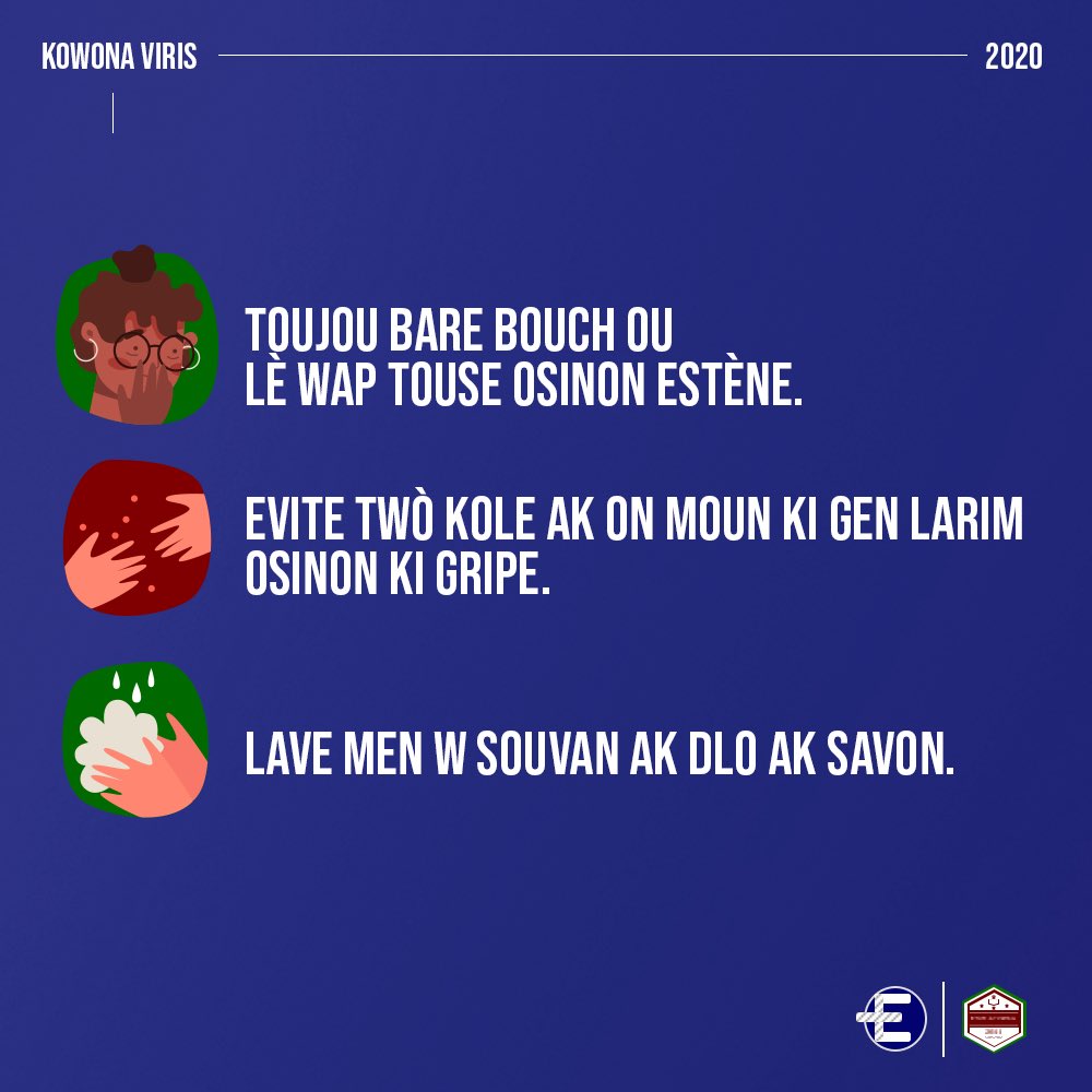 ephatamedic's tweet photo. KOWONAVIRIS PA YON JWÈT SE BARE POU NOU BARE L

Men ki divès kalite sentòm nouvo maladi kowonaviris la (COVID-19) lè w genyen l:

- Li baw lafyèv
- Li fè w touse sèk de tanzantan
- Li fèw paka respire byen https://t.co/61G08MY2he