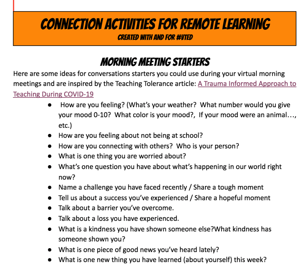 A good morning indeed: connection activities for virtual morning meetings. tiie.w3.uvm.edu/blog/connectio…