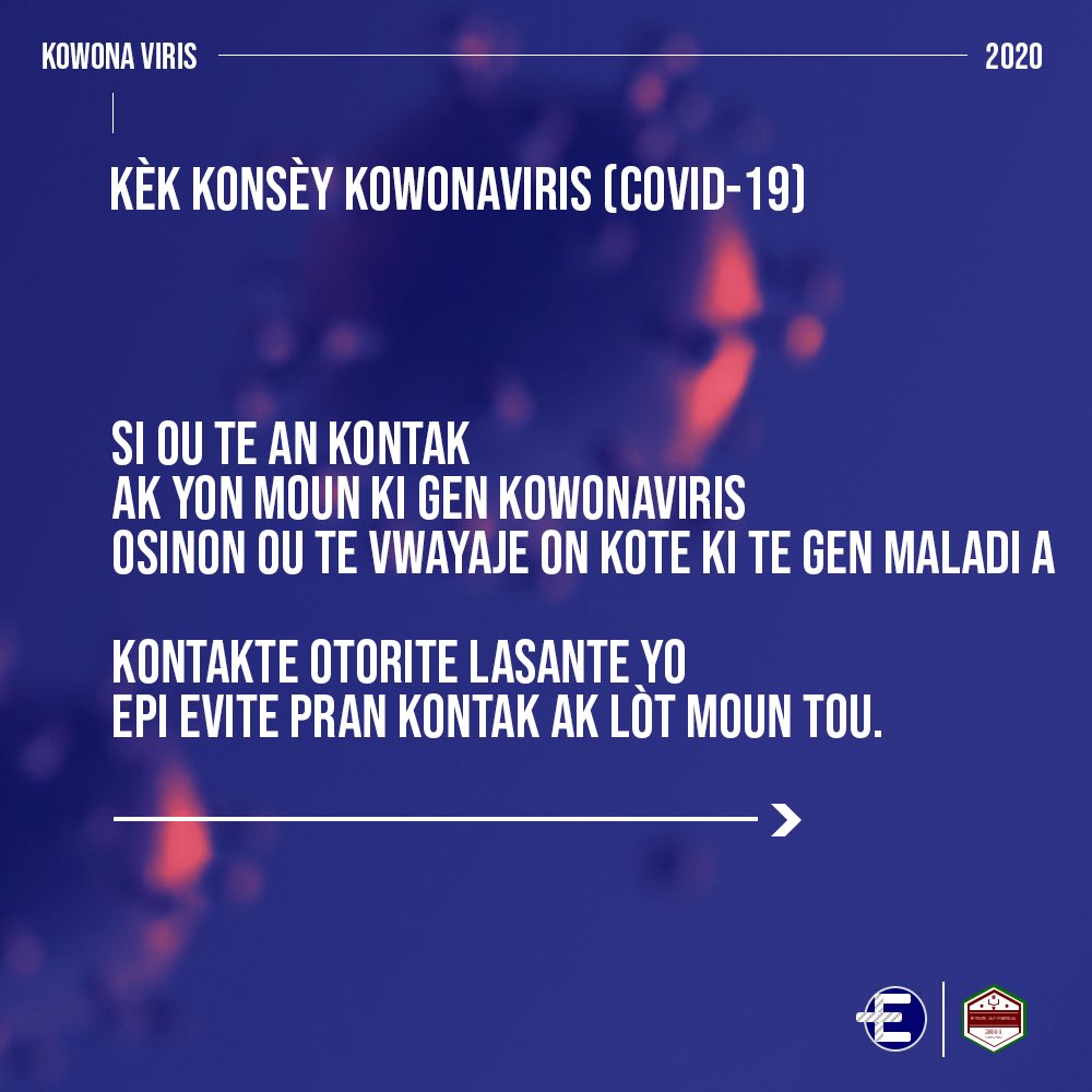 unilacopsa's tweet photo. KOWONAVIRIS PA YON JWÈT SE BARE POU NOU BARE L

Men ki divès kalite sentòm nouvo maladi kowonaviris la (COVID-19) lè w genyen l:

- Li baw lafyèv
- Li fè w touse sèk de tanzantan
- Li fèw paka respire byen https://t.co/NCBC7KPjyA