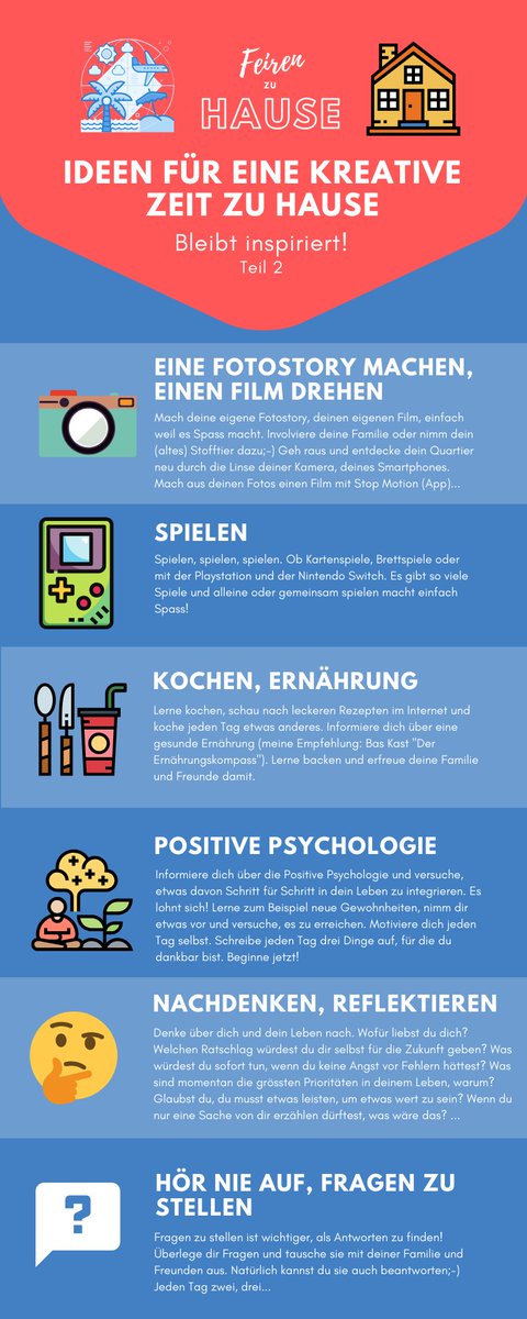 Ferien zuhause – meine Kollegin Valeria Soriani hat diese Infographiken als Anregung für die Schüler*innen gemacht. Dürfen geteilt werden. 
#digifernunterricht