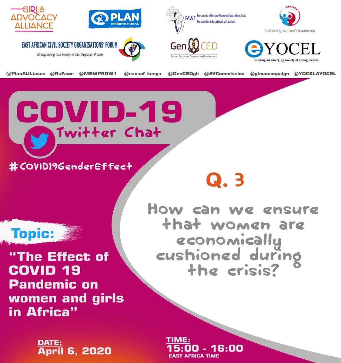 FAWEAfrica's tweet photo. On to question three.... Keep the responses coming on #COVIDGenderEffect @vanyaradzayi @snorgah @MarthaMuhwezi @otieno702003 @MercyJuma_ 

@Yocel4Yocel @PlanAULiaison @eacsof_kenya @MEMPROW1 @GenCEDgh https://t.co/DWPcNw32yf
