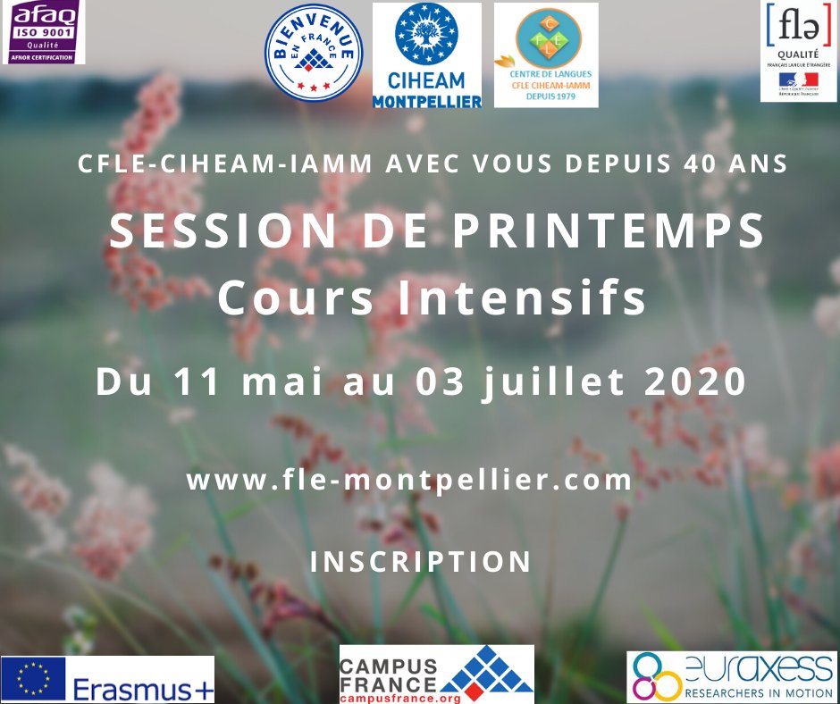 CIHEAMIAMM's tweet photo. Le Centre de #Français Langue Etrangère du #CIHEAM Montpellier reporte la session de #cours #intensifs de #FLE ⚠️ Nouvelles dates ⏭ du 11 mai au 3 juillet 2020.
Détails et formulaire d'inscription: 🔍https://t.co/ewGwCWh7PY
#apprendreFR #learnFr #French #covid19 #Montpellier https://t.co/VkNwzLPlry