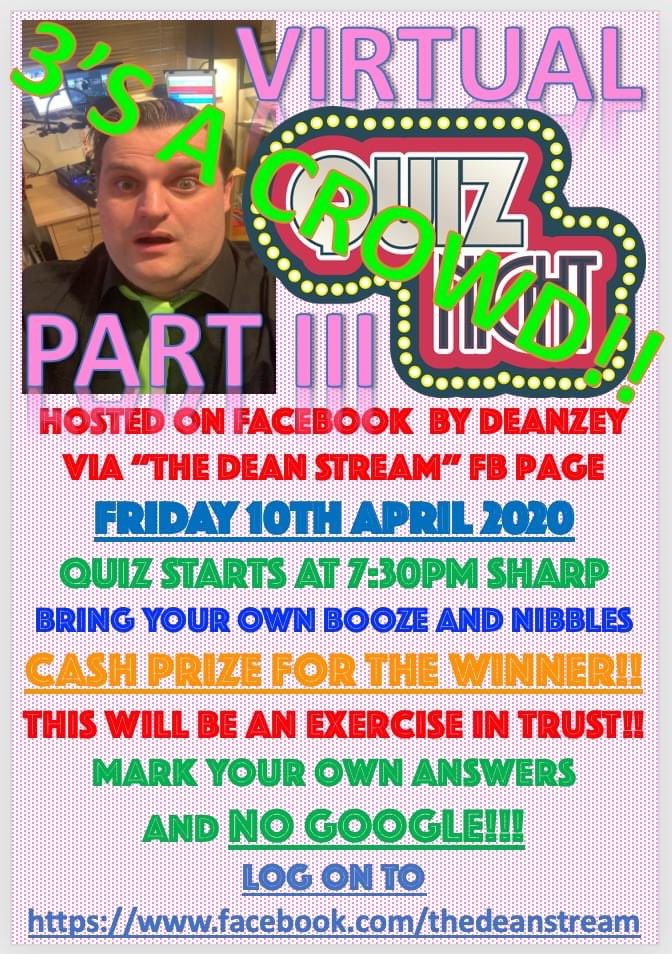 Deanzey's tweet photo. ITS BACK!!!!

My Virtual Quiz Night returns this Friday night at 7:30pm!

Like my new Dean Stream Facebook page right now to find is easily on Friday night.

Click here and give us a like/follow

https://t.co/TEFmn283Lf https://t.co/JwRfXyCFxB