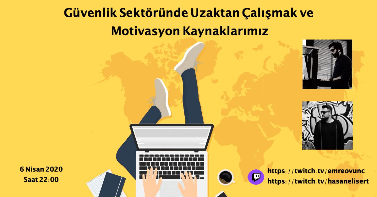 EmreOvunc's tweet photo. Bugün akşam saat 22:00 da güvenlik sektöründe uzaktan çalışmak ve evde ihtiyaç duyduğumuz motivasyon kaynağımız ile ilgili sohbet ediyor olacağız, evden çalışan herkesi bekleriz :) @helisert_ninja 
https://t.co/PdtZCrzn3l
https://t.co/mX5ng2R5o5 https://t.co/YNR5DjEAiq