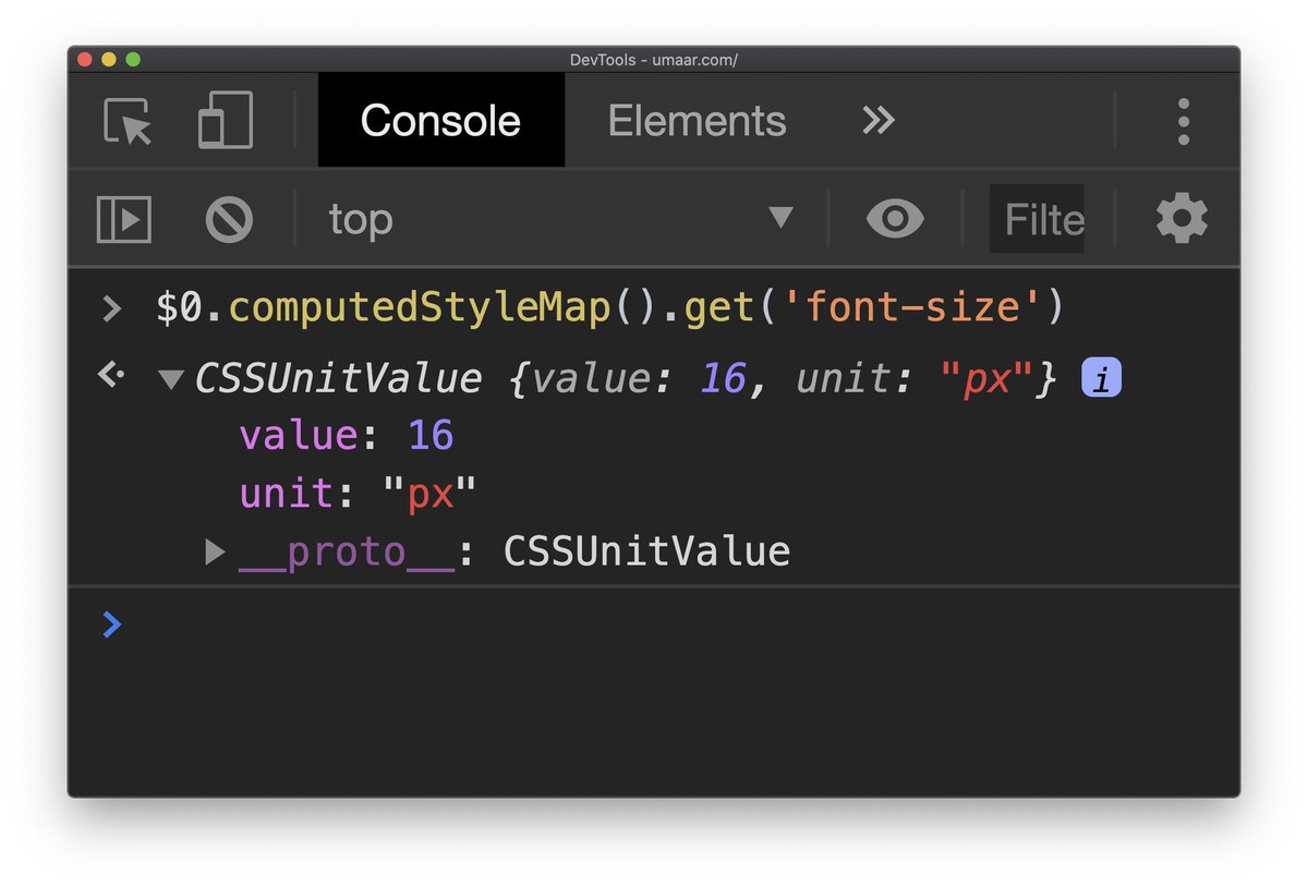 JavaScript Tip ⭐️ A computedStyleMap() can give you style information in a structured manner. Nicer than messing around with string manipulation! Try: element.computedStyleMap().get('font-size')

Currently in most Chromium based browsers.