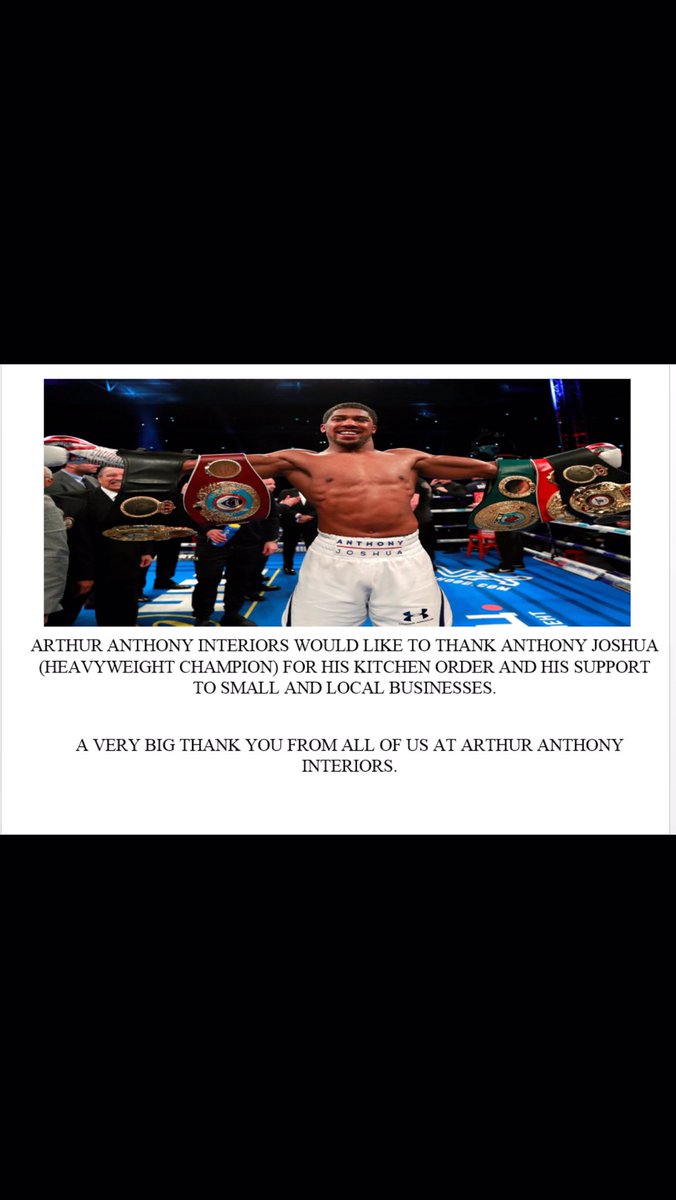 ArthurInteriors's tweet photo. We would like to give a special thanks to Anthony Joshua for his support and order to our local small business during these unprecedented times. 

Arthur Anthony Interiors are looking forward to supplying and installing our Arthur Anthony German range. https://t.co/7snaHrdpHU