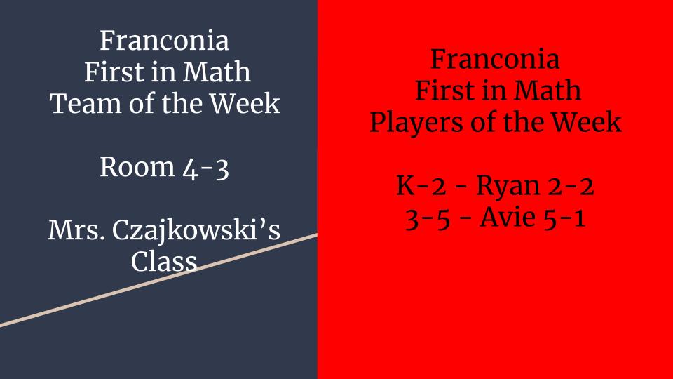 Franconia <a href="/FirstInMath/">First In Math</a> Team and Players of the Week.  Great Job everyone!!  <a href="/RobertSun24/">Robert Sun</a> <a href="/SASD_Franconia/">Franconia Elementary</a>
