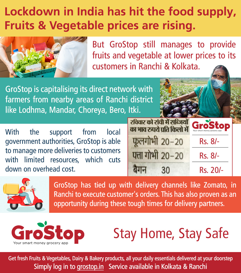 GroStop's tweet photo. #Lockdown in India has hit the food supply, prices are rising... but #GroStop still manages to provide #fruits and #vegetable at lower prices in #Ranchi & #Kolkata
@HemantSorenJMM
@DproRanchi
@DC_Ranchi
@Zomato
#covidindia
#FightCovid19
#IndiaBattlesCoronavirus
#groceries https://t.co/7qPe6DSJTU