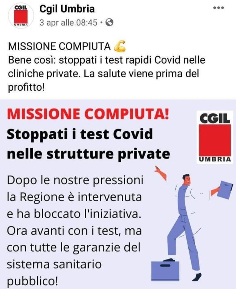 70 euro a test... praticamente il costo vivo. 
La #CGIL vuole gli applausi?
#Covid_19 #coronavirus