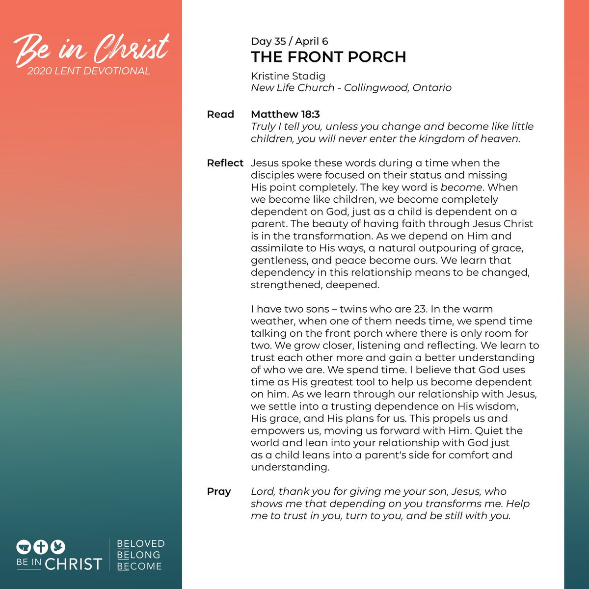 BICCanada's tweet photo. Today's Lent devotional post is from Kristine Stadig at New LIfe Collingwood in Collingwood, ON. #BICLentDevo2020 https://t.co/dqCVUpGzhJ