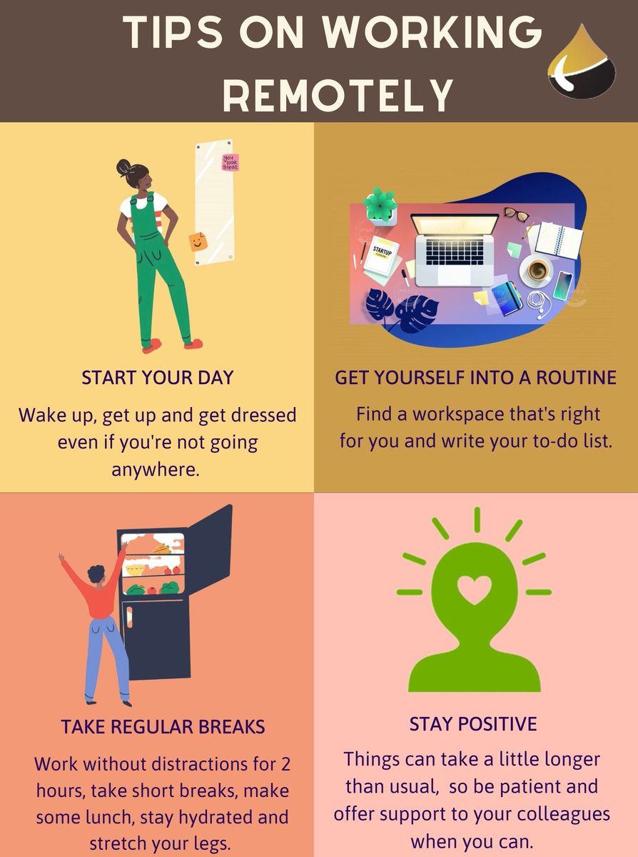 FamfaOilLimited's tweet image. Many people are working from home for the first time. Human connections are more vital than ever, as working from home can feel isolating. 

Here are some useful tips to make remote working effective!

#FAMFAOil #BeSafe