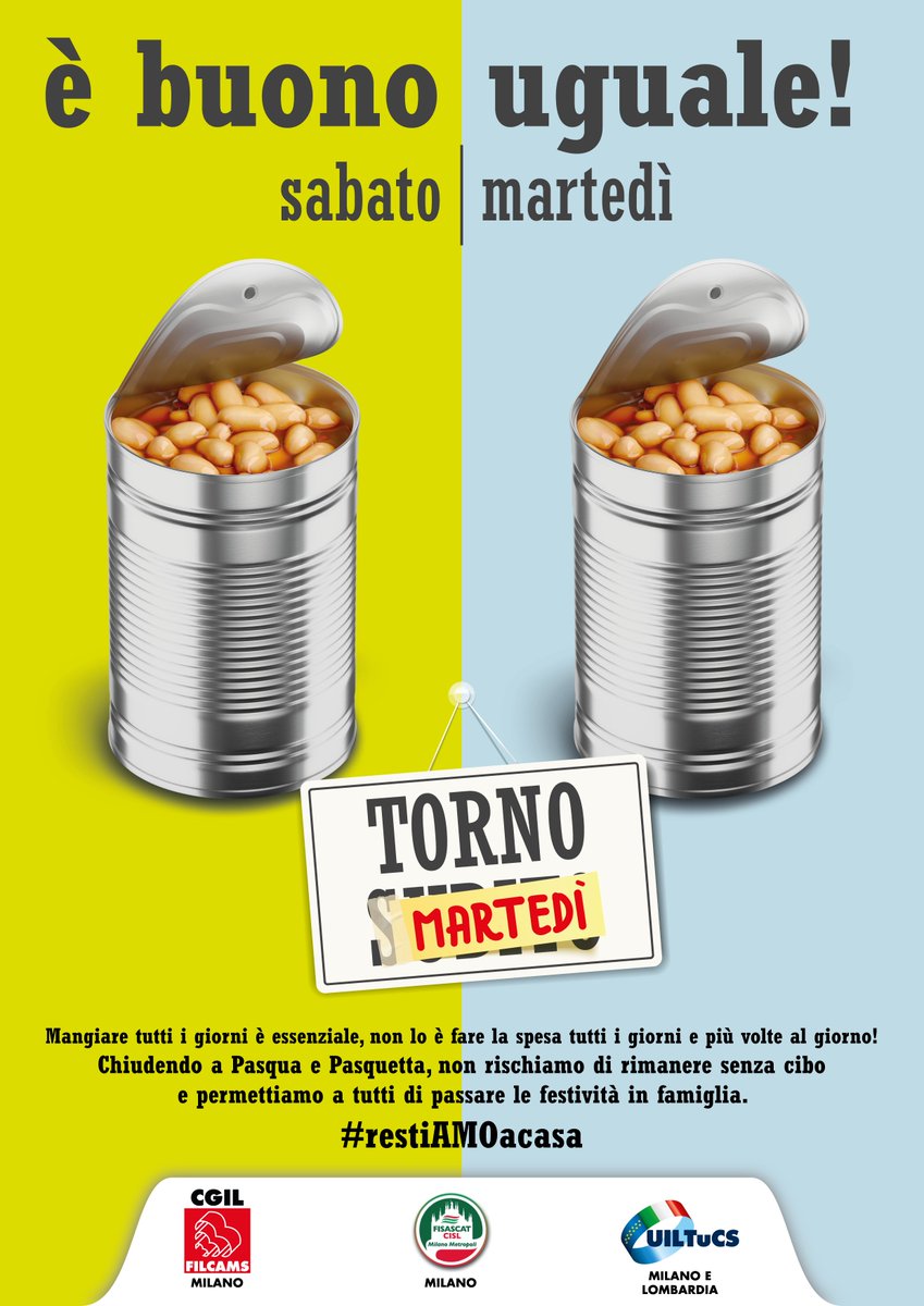 FilcamsMilano's tweet photo. MARTEDÌ È BUONO UGUALE!
Mangiare tutti i giorni è essenziale, non lo è fare la spesa tutti i giorni e più volte al giorno!
Chiudendo a Pasqua e Pasquetta, non rischiamo di rimanere senza cibo e permettiamo a tutti di passare le festività in famiglia. 
#restiAMOacasa https://t.co/wwBqEWk39k