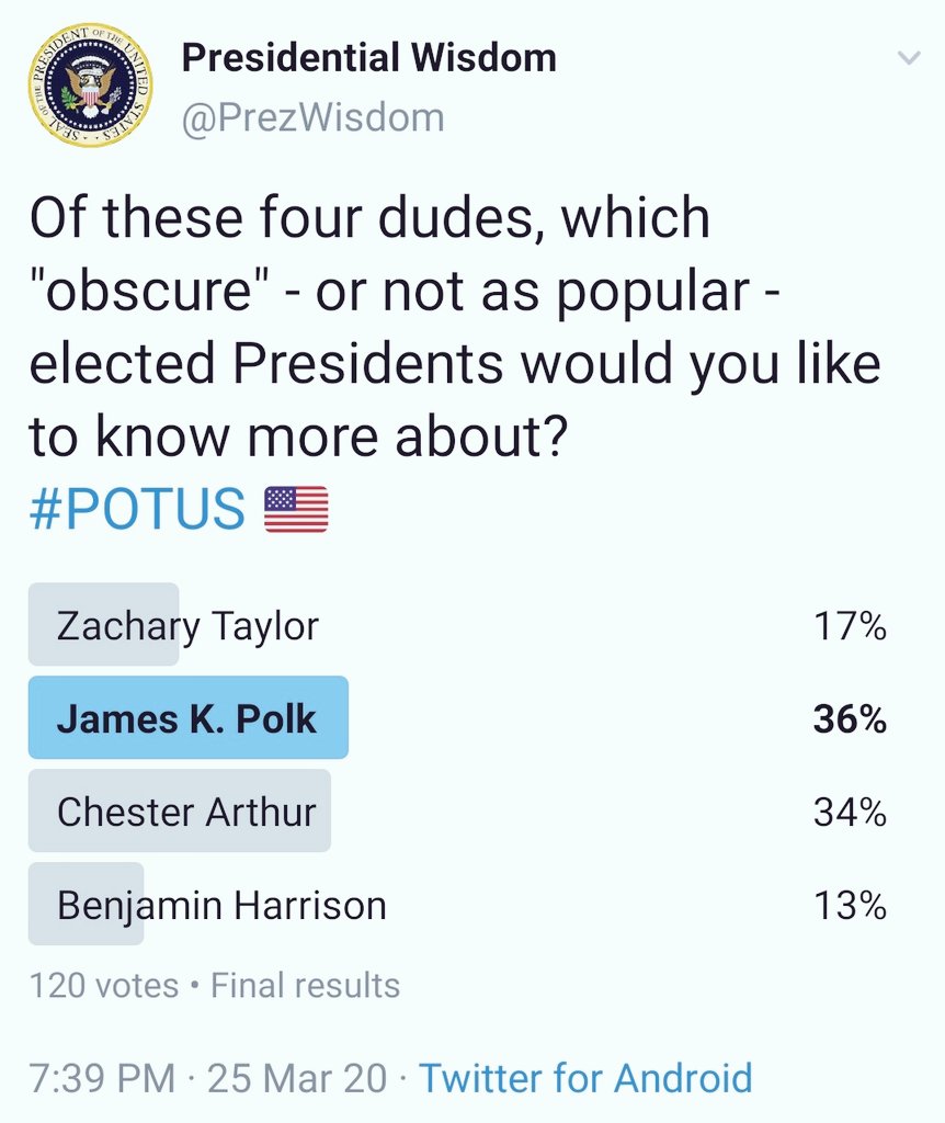 The people have spoken:In our "Obscure Presidents" poll you democratically elected James K. Polk  as the President you wanted to know more about!Enjoy this Polk THREAD! #POTUS 