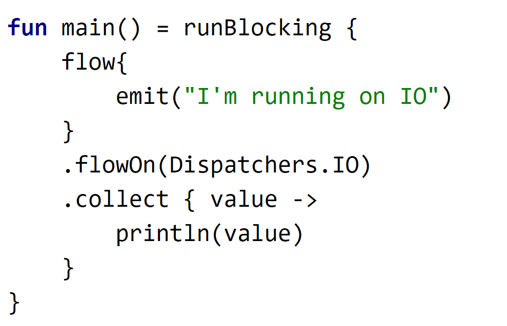  #Flotlin 4 - Context Preservation- Flow encapsulates its own execution context and never propagates or leaks it downstream.- Using the `flowOn()` operator changes the upstream context (Everything above `flowOn`).Try it here : https://pl.kotl.in/2gJ2xHg4f  #Kotlin  #KotlinFlow