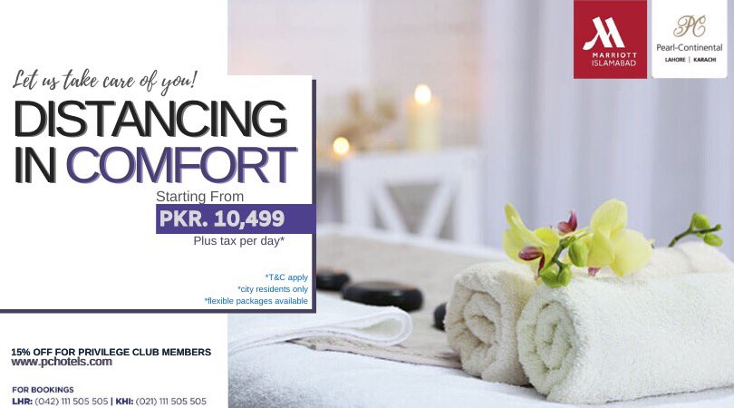 EconomicTTank's tweet photo. #Marriott Islamabad and #PChotel Lahore &amp; Karachi launched a package to pamper you in your quarantine amid Corona Virus starting just from Rs. 10,499/night with the 24-hour availability of doctors and perfect nutritious food! 

Book yours NOW!

#hashoogroup https://t.co/YRfzox4R4T