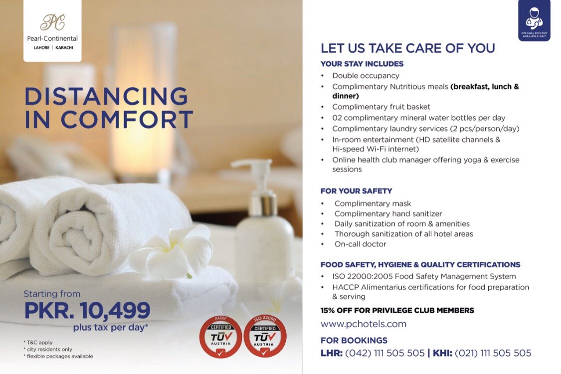 EconomicTTank's tweet photo. #Marriott Islamabad and #PChotel Lahore &amp; Karachi launched a package to pamper you in your quarantine amid Corona Virus starting just from Rs. 10,499/night with the 24-hour availability of doctors and perfect nutritious food! 

Book yours NOW!

#hashoogroup https://t.co/YRfzox4R4T