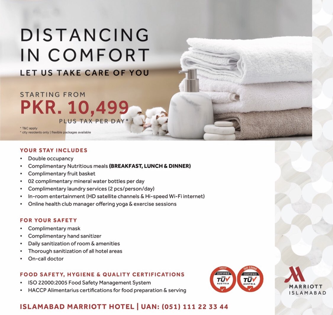 EconomicTTank's tweet photo. #Marriott Islamabad and #PChotel Lahore &amp; Karachi launched a package to pamper you in your quarantine amid Corona Virus starting just from Rs. 10,499/night with the 24-hour availability of doctors and perfect nutritious food! 

Book yours NOW!

#hashoogroup https://t.co/YRfzox4R4T