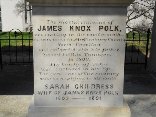 James K. Polk's  current burial site is at the Tennessee State Capitol (Nashville).Why "current?" Because there is currently a legal battle around moving his and Sarah's bodies to his home and museum in Columbia, TN. #POTUS 