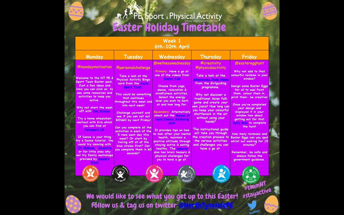 NorthTynesidePE's tweet photo. Check out some ways to keep busy &amp; active over the Easter break with the #teamtNT timetable! 👇 

#stayconnected #stayhomestayactive &amp; #getinvoled 

A fully interactive version has been emailed out to all schools✅ 
 
Stay tuned for the #60secondchallenge on Tues &amp; Thurs too💪 https://t.co/dr7AEzH9LS