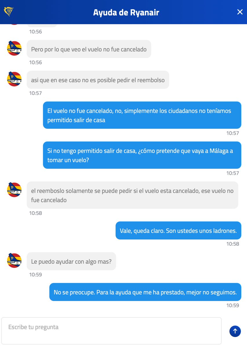 En <a href="/Ryanair_ES/">Ryanair España</a> no hacen reembolsos por los vuelos que no pudimos realizar debido al estado de alarma. No puedo salir de casa, pero Ryanair considera que sí puedo volar. Gracias por la comprensión y por la solidaridad con el pueblo español. #Covid_19 #CoronavirusESP #ryanairrefund