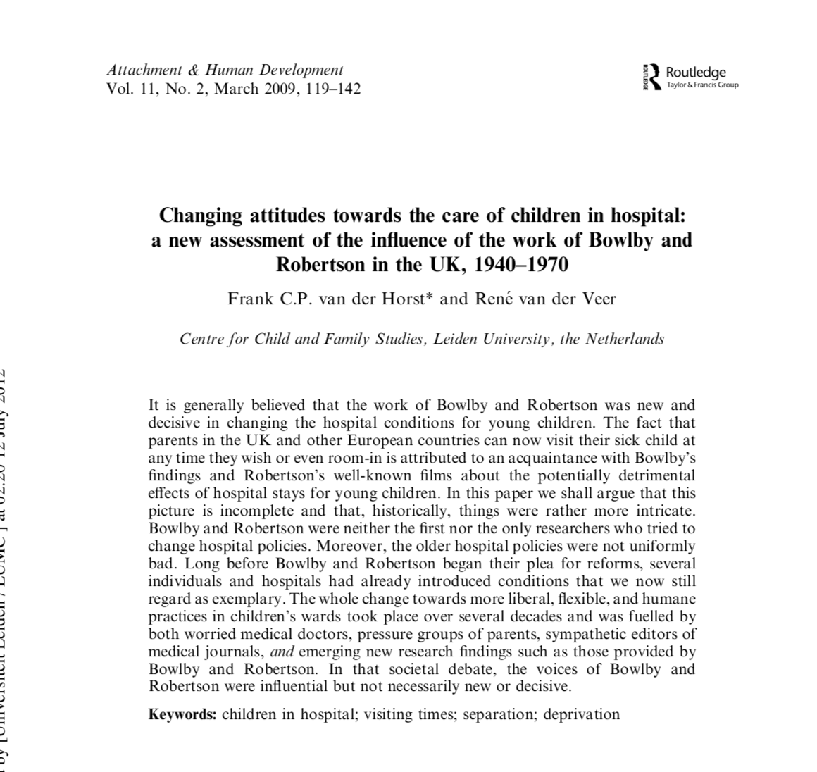 4. I then reached for a 2009 article I keep handy, also reflecting on the history of AttTheory. It explores children's anxiety in relation to visiting regulations in 1950s hospitals, which many of you will have heard me talk about in presentations.