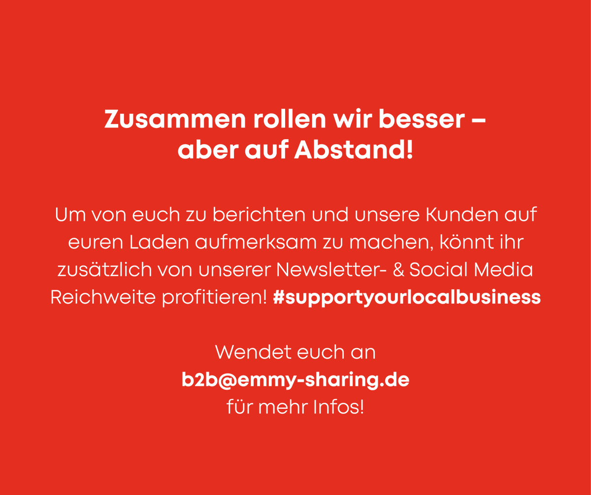 emmy sharing 🤜🏼🤛🏼 GoTo (@emmy_sharing) on Twitter photo Wir liefern euch den fahrbaren Untersatz, ihr euer Essen!
Mit unseren Monatspakete bieten wir Gewerbetreibenden die Möglichkeit, unsere Roller zu stark vergünstigten Preisen anzumieten. #supportyourlocalbusiness #emobility
Wendet euch an b2b@emmy-sharing.de für mehr Infos! 🧑🍳 Wir liefern euch den fahrbaren Untersatz, ihr euer Essen!
Mit unseren Monatspakete bieten wir Gewerbetreibenden die Möglichkeit, unsere Roller zu stark vergünstigten Preisen anzumieten. #supportyourlocalbusiness #emobility
Wendet euch an b2b@emmy-sharing.de für mehr Infos! 🧑🍳