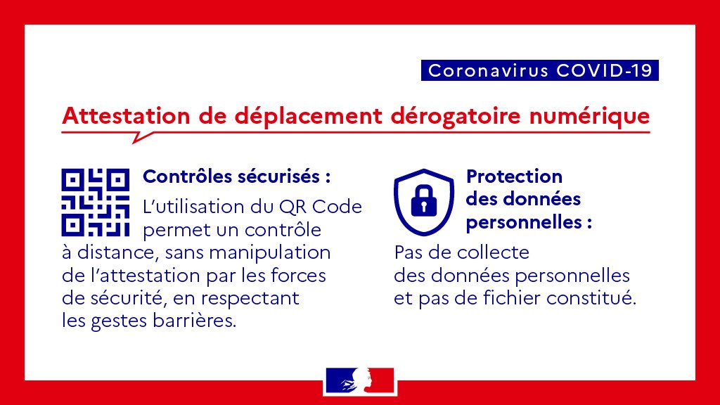 #Covid_19 | Cette mise à disposition d'un format numérique de l'attestation vient s'ajouter au format papier déjà existant.

⚠️ L'attestation de déplacement dérogatoire au format papier reste valable.
🔒 Pas de collecte des données personnelles &amp; pas de fichier constitué.
